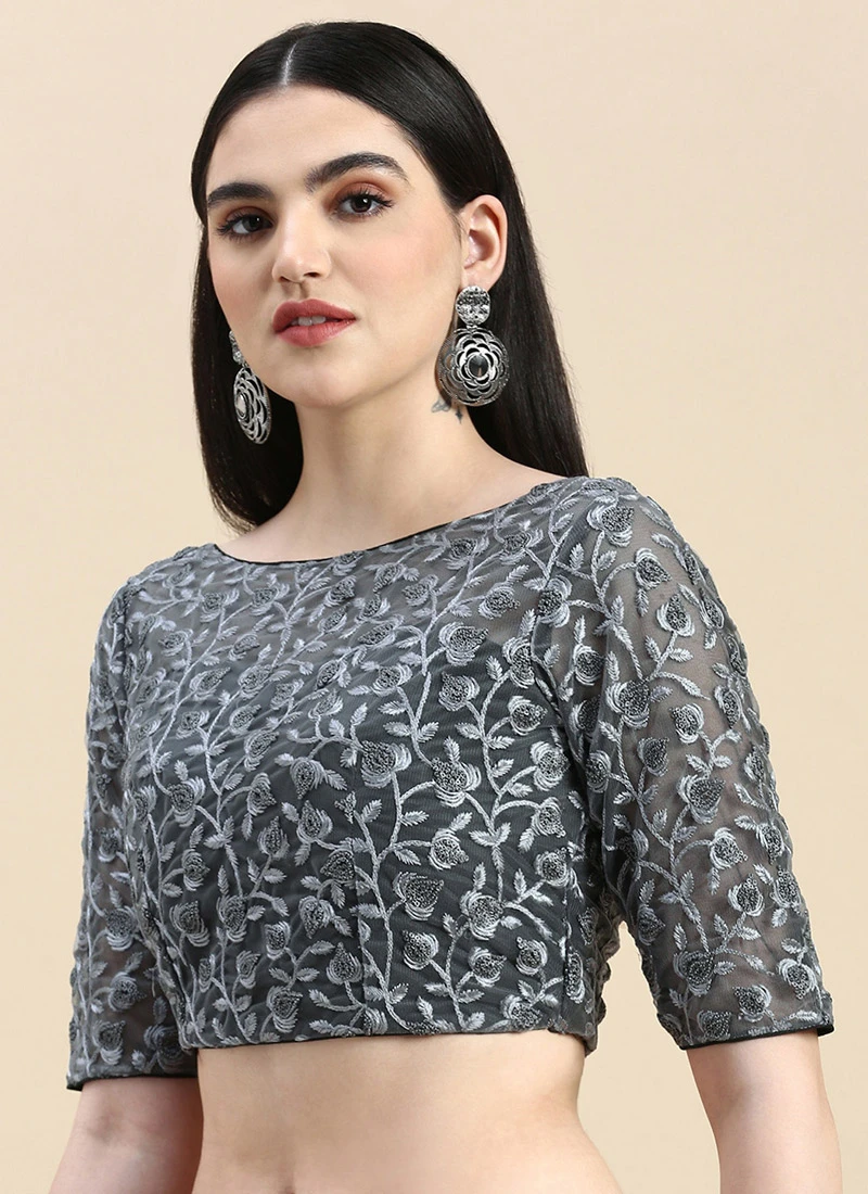 Grey Embroidered Net Blouse Party Wear 3 Grey Embroidered Net Blouse Party Wear
