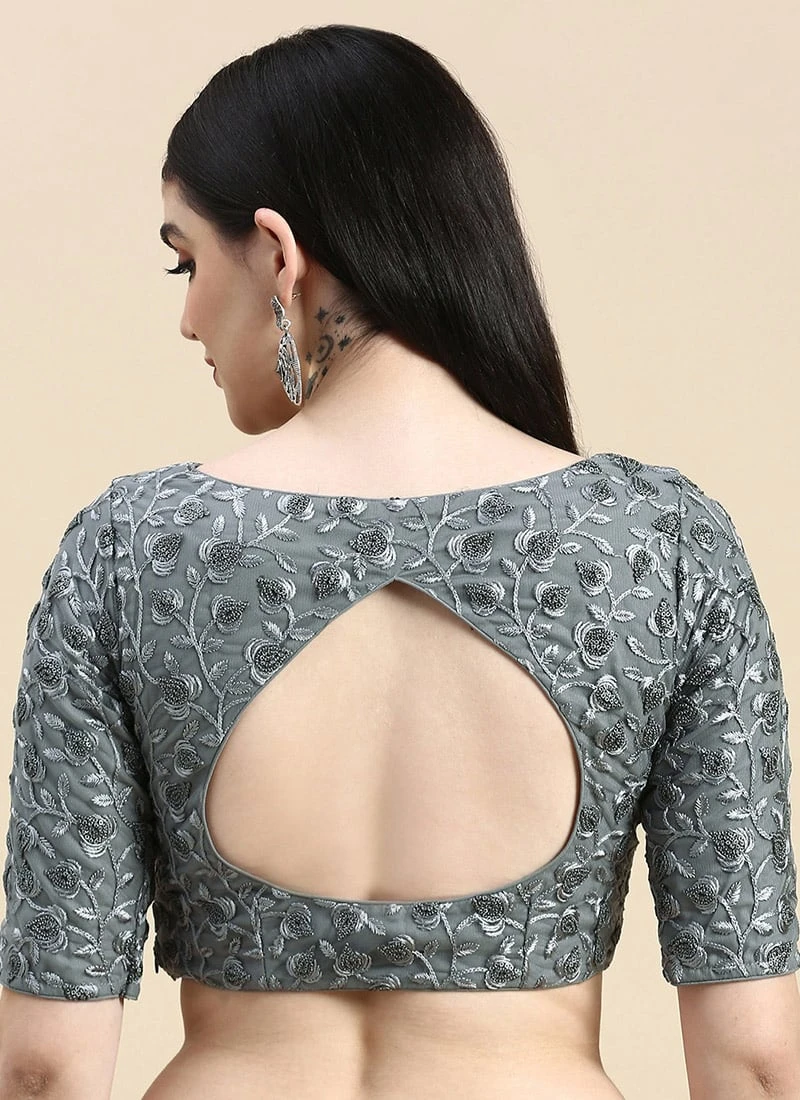 Grey Embroidered Net Blouse With Keyhole Festive Wear 6 Grey Embroidered Net Blouse With Keyhole Festive Wear - Image 4