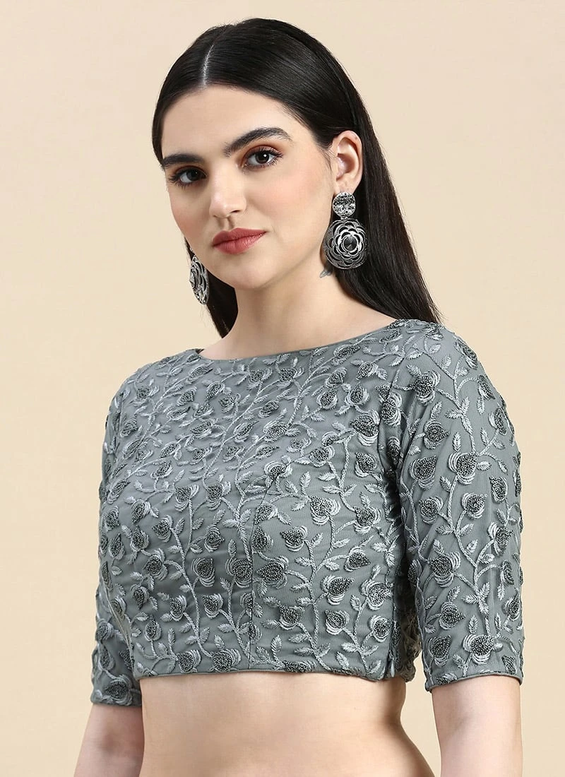 Grey Embroidered Net Blouse With Keyhole Festive Wear 3 Grey Embroidered Net Blouse With Keyhole Festive Wear