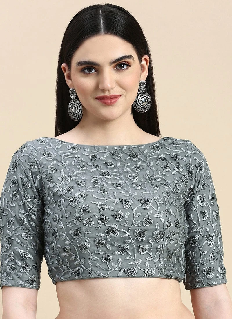 Grey Embroidered Net Blouse With Keyhole Festive Wear 5 Grey Embroidered Net Blouse With Keyhole Festive Wear - Image 3