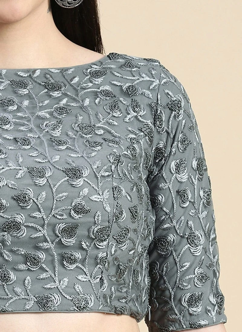 Grey Embroidered Net Blouse With Keyhole Festive Wear 9 Grey Embroidered Net Blouse With Keyhole Festive Wear - Image 7