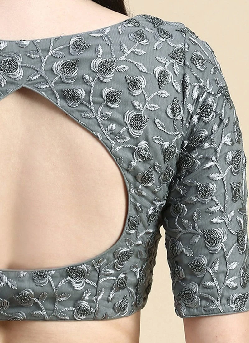 Grey Embroidered Net Blouse With Keyhole Festive Wear 10 Grey Embroidered Net Blouse With Keyhole Festive Wear - Image 8