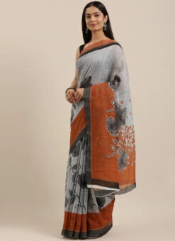 Grey Linen Cotton Saree Festive Wear -Sari Grace Shop Grey Linen Cotton Saree SA61I89N03 u