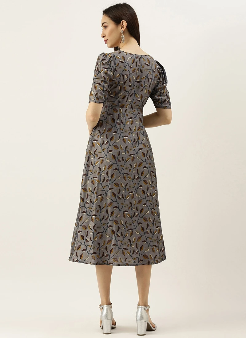 Grey Modal Silk Printed A Line Dress After Six Wear 6 Grey Modal Silk Printed A Line Dress After Six Wear - Image 4
