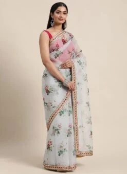 Grey Organza Digital Printed Saree N Pink Blouse Festive Wear -Sari Grace Shop Grey Organza Digital Printed Saree N Pink Blouse SABS02104139 u
