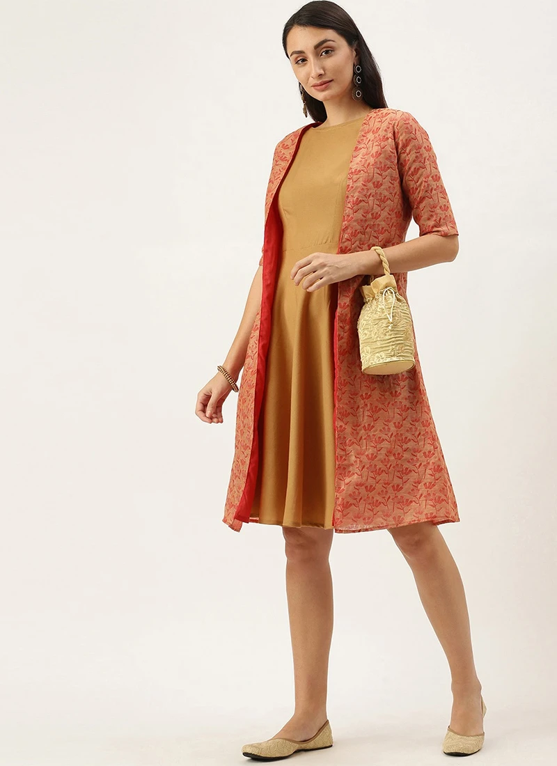 Grey Rayon Boat Neck Dress With Red Chanderi Jacket After Six Wear 5 Grey Rayon Boat Neck Dress With Red Chanderi Jacket After Six Wear - Image 3