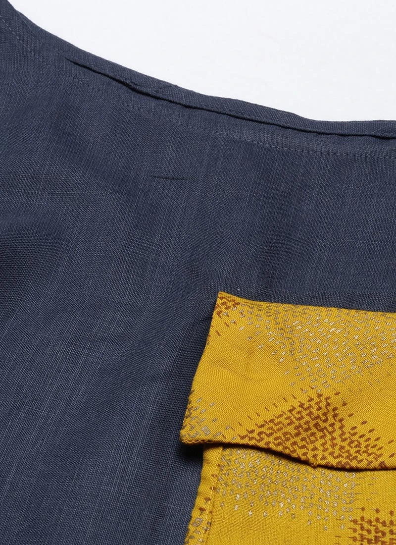 Grey Rayon N Mustard Printed Boat Neck Dress Party Wear 7 Grey Rayon N Mustard Printed Boat Neck Dress Party Wear - Image 5