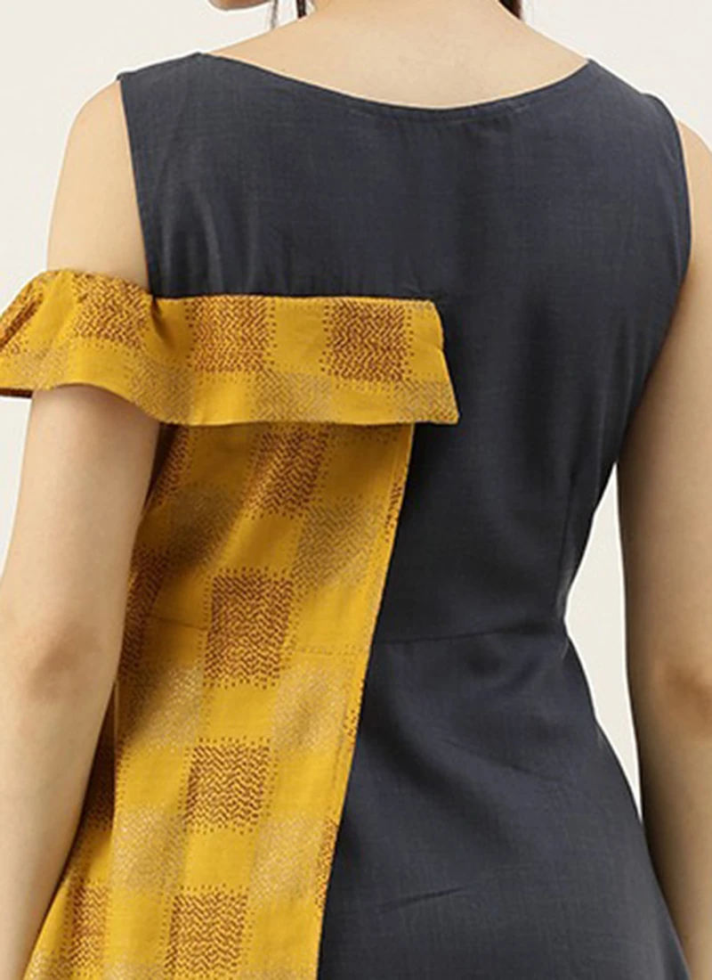 Grey Rayon N Mustard Printed Boat Neck Dress Party Wear 8 Grey Rayon N Mustard Printed Boat Neck Dress Party Wear - Image 6