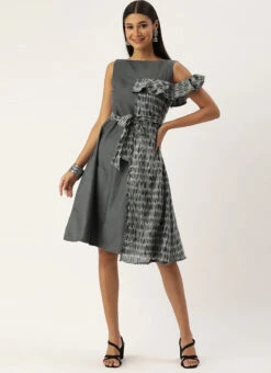 Grey Rayon Printed Boat Neck Dress After Six Wear -Sari Grace Shop Grey Rayon Printed Boat Neck Dress DRBS02107535 u
