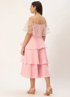 White Embroidered Net N Pink Satin Dress Party Wear -Sari Grace Shop Light Beige Embroidered Net N Pink Satin Dress DRBS02302457 b