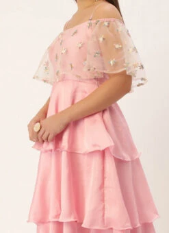 White Embroidered Net N Pink Satin Dress Party Wear