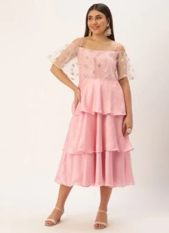 White Embroidered Net N Pink Satin Dress Party Wear -Sari Grace Shop Light Beige Embroidered Net N Pink Satin Dress DRBS02302457 u