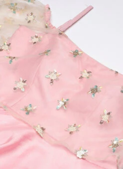 White Embroidered Net N Pink Satin Dress Party Wear -Sari Grace Shop Light Beige Embroidered Net N Pink Satin Dress DRBS02302457 rrc1