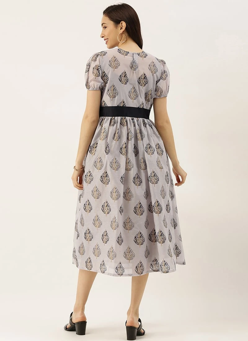 Lilac Hint Chanderi Silk Puff Sleeve Dress Festive Wear 6 Lilac Hint Chanderi Silk Puff Sleeve Dress Festive Wear - Image 4