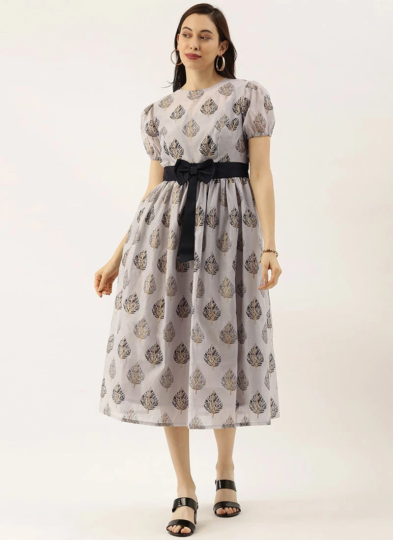 Lilac Hint Chanderi Silk Puff Sleeve Dress Festive Wear 5 Lilac Hint Chanderi Silk Puff Sleeve Dress Festive Wear - Image 3