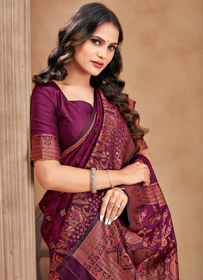 Magenta Color Zari Work Satin Silk Saree Festive Wear 6 Magenta Color Zari Work Satin Silk Saree Festive Wear - Image 4