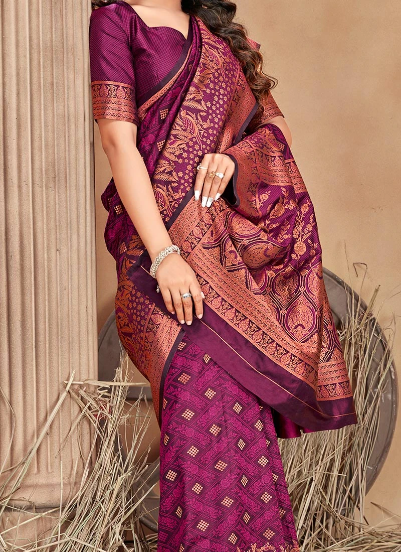 Magenta Color Zari Work Satin Silk Saree Festive Wear 3 Magenta Color Zari Work Satin Silk Saree Festive Wear