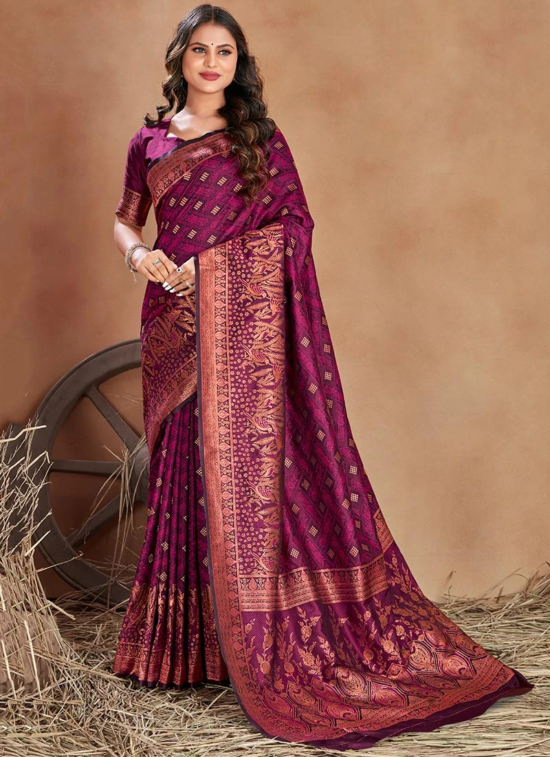 Magenta Color Zari Work Satin Silk Saree Festive Wear 5 Magenta Color Zari Work Satin Silk Saree Festive Wear - Image 3