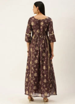 Maroon Chanderi Printed Floral Maxi Dress Festive Wear -Sari Grace Shop Maroon Chanderi Printed Floral Maxi Dress DRBS02111085 b