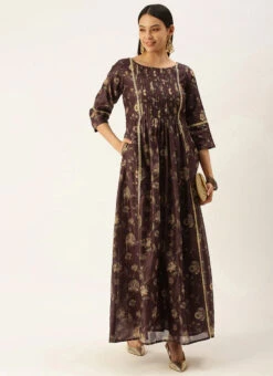 Maroon Chanderi Printed Floral Maxi Dress Festive Wear -Sari Grace Shop Maroon Chanderi Printed Floral Maxi Dress DRBS02111085 u
