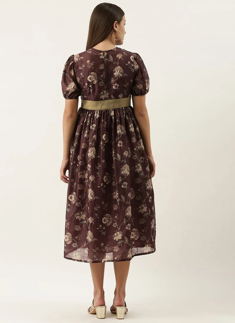 Maroon Chanderi Silk Puff Sleeve Dress Festive Wear After Six Wear 6 Maroon Chanderi Silk Puff Sleeve Dress Festive Wear After Six Wear - Image 4