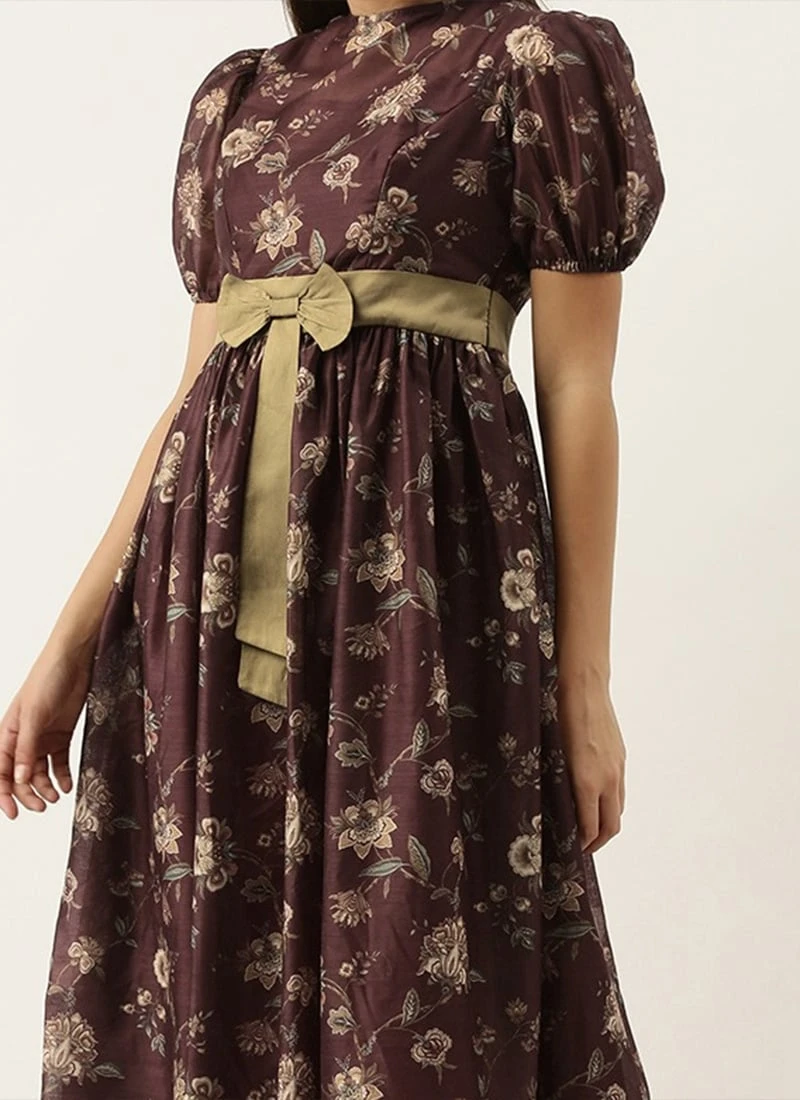 Maroon Chanderi Silk Puff Sleeve Dress Festive Wear After Six Wear 3 Maroon Chanderi Silk Puff Sleeve Dress Festive Wear After Six Wear