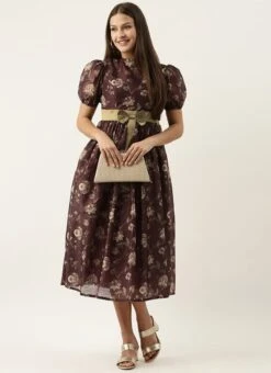 Maroon Chanderi Silk Puff Sleeve Dress Festive Wear After Six Wear 12 Maroon Chanderi Silk Puff Sleeve Dress Festive Wear After Six Wear -Sari Grace Shop Maroon Chanderi Silk Puff Sleeve Dress DRBS02201262 u