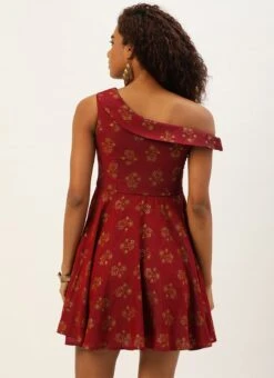 Maroon Printed One Shoulder Dress After Six Wear -Sari Grace Shop Maroon Printed One Shoulder Dress DRBS02205963 b 1