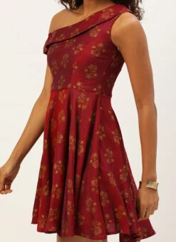 Maroon Printed One Shoulder Dress Party Wear After Six Wear