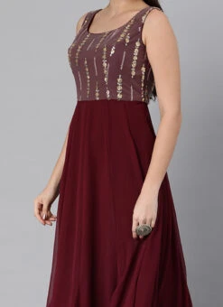 Mauve Net Sequins N Burgundy Godet Dress Festive Wear