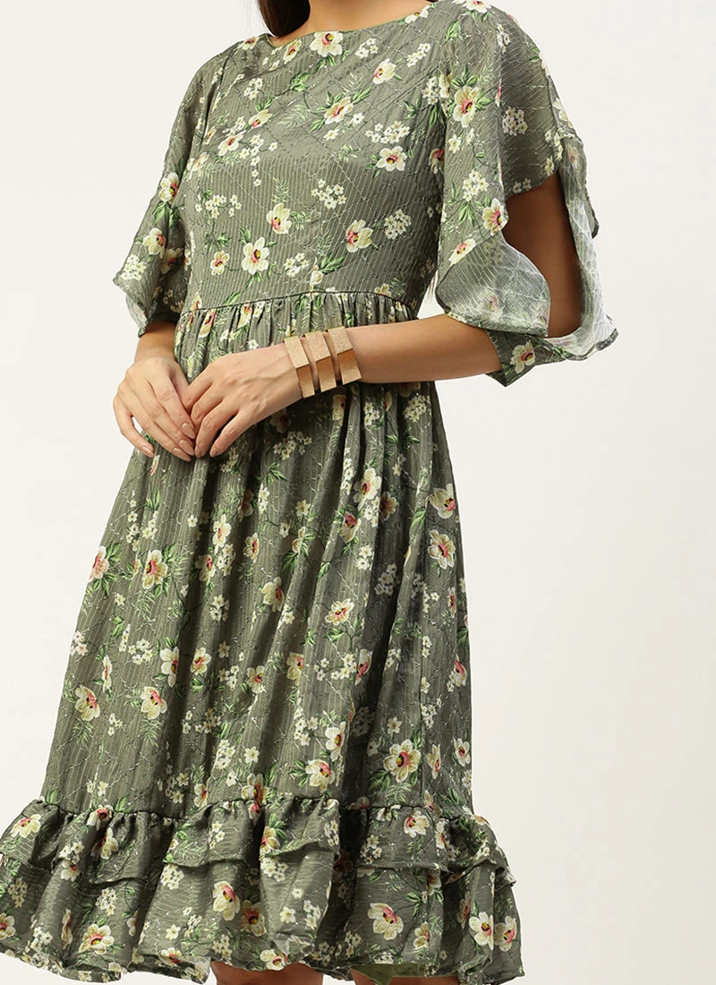 Mehndi Green Georgette Printed Dress After Six Wear Party Wear 3 Mehndi Green Georgette Printed Dress After Six Wear Party Wear