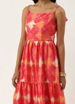 Multicolor Printed Gathered Style Midi Dress Festive Wear