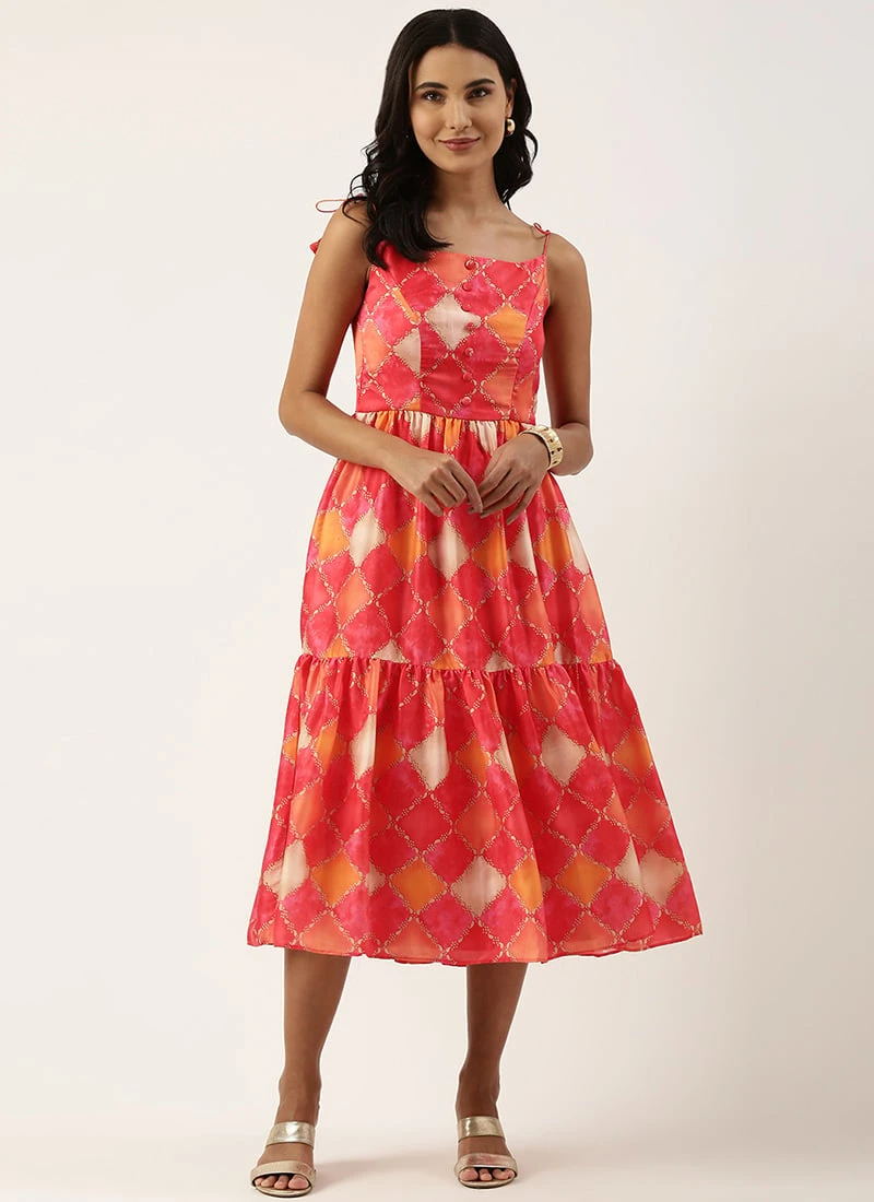 Multicolor Printed Gathered Style Midi Dress Festive Wear 5 Multicolor Printed Gathered Style Midi Dress Festive Wear - Image 3
