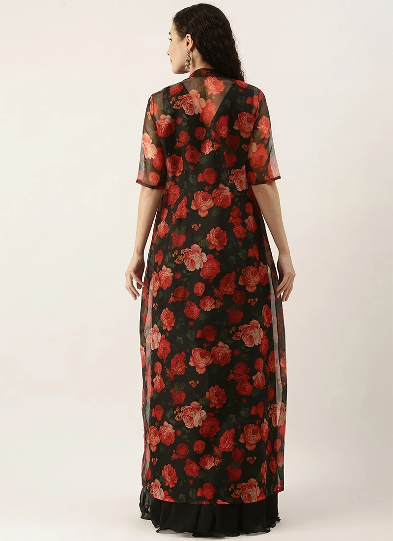 Multicolored Digital Print Organza Jacket N Black Dress Festive Wear 6 Multicolored Digital Print Organza Jacket N Black Dress Festive Wear - Image 4