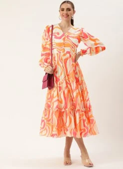 Multicolored Georgette Pinted Tiered Gathers Dress After Six Wear -Sari Grace Shop Multicolored Georgette Pinted Tiered Gathers Dress DRBS02307654 u