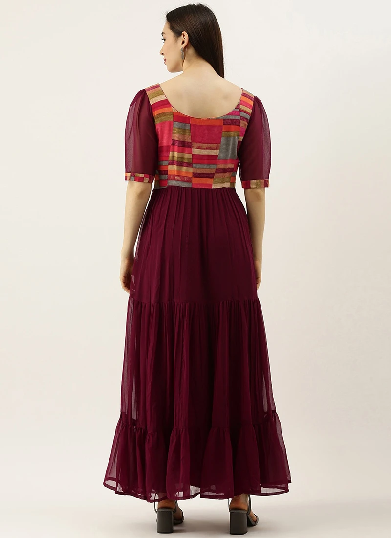 Multicolored N Burgundy Georgette Gathers Dress After Six Wear 6 Multicolored N Burgundy Georgette Gathers Dress After Six Wear - Image 4