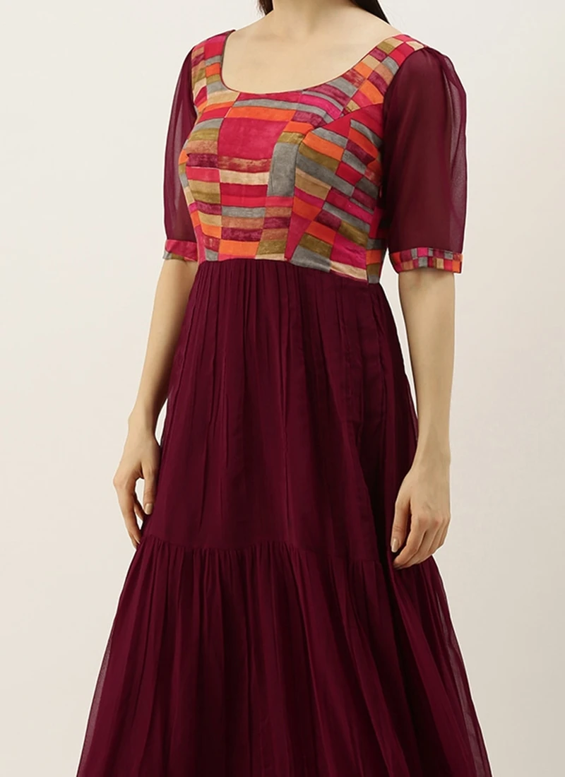 Multicolored N Burgundy Georgette Gathers Dress After Six Wear 3 Multicolored N Burgundy Georgette Gathers Dress After Six Wear