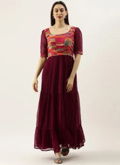 Multicolored N Burgundy Georgette Gathers Dress After Six Wear 10 Multicolored N Burgundy Georgette Gathers Dress After Six Wear -Sari Grace Shop Multicolored N Burgundy Geogette Gathers Dress DRBS02105359 u