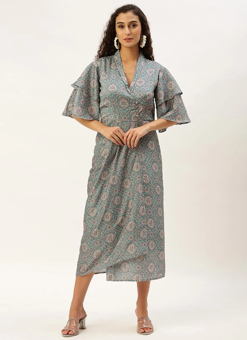 Sari Grace Shop -Sari Grace Shop Multicolored Printed Modal Satin Pleated Dress DRBS02212632 u