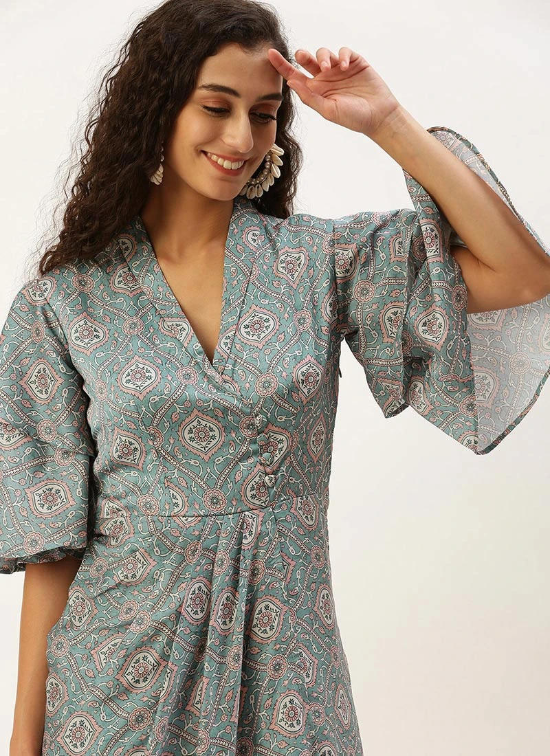 Sari Grace Shop -Sari Grace Shop Multicolored Printed Modal Satin Pleated Dress DRBS02212632 rrc3