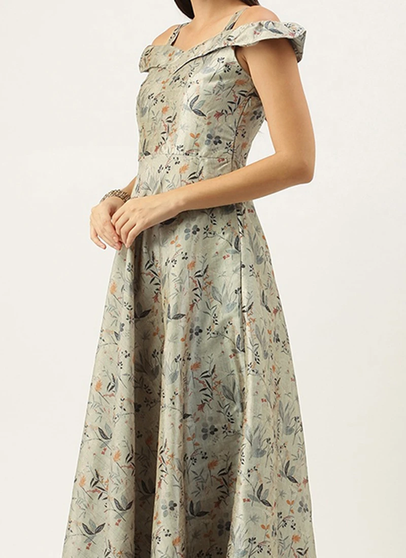 Multicolored Printed Off Shoulder Style Dress Festive Wear 3 Multicolored Printed Off Shoulder Style Dress Festive Wear