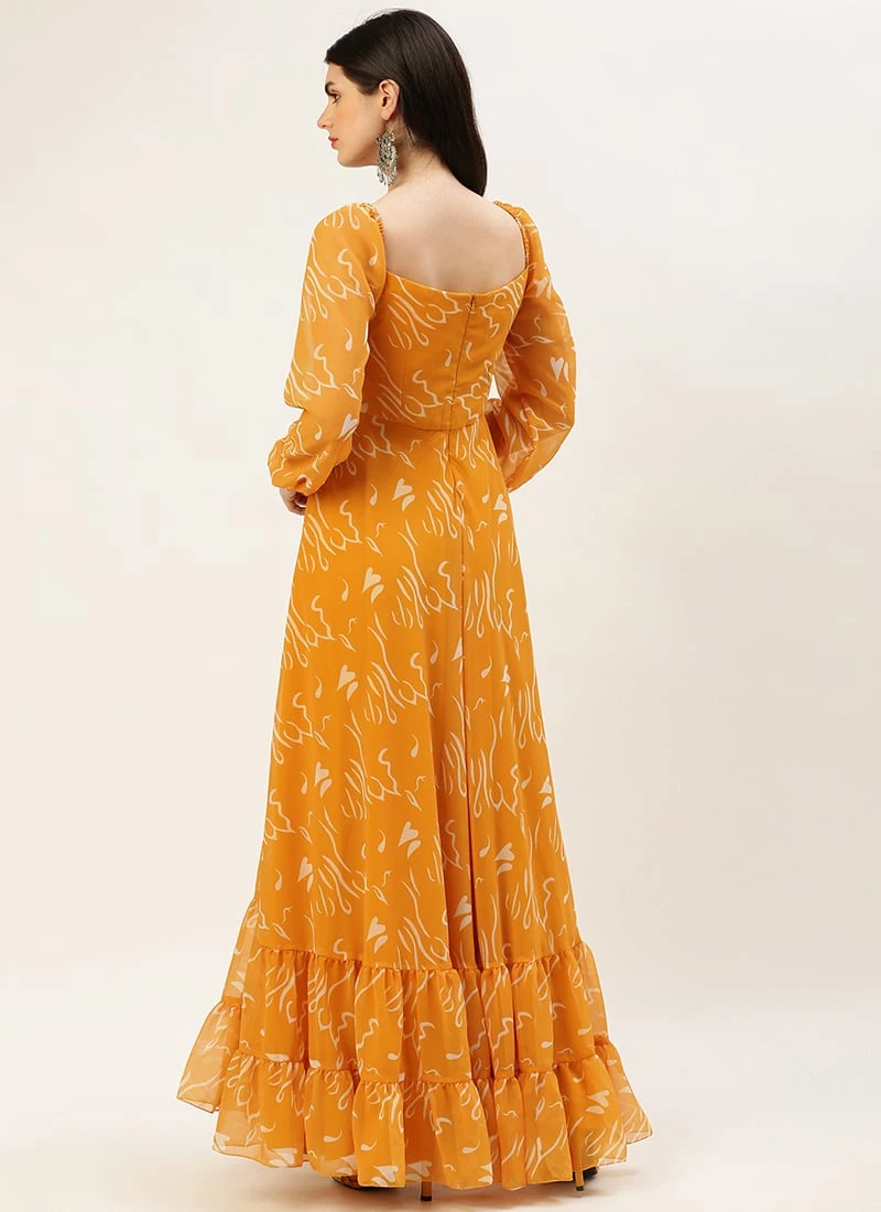 Mustard Digital Print Georgette Maxi Dress After Six Wear 6 Mustard Digital Print Georgette Maxi Dress After Six Wear - Image 4