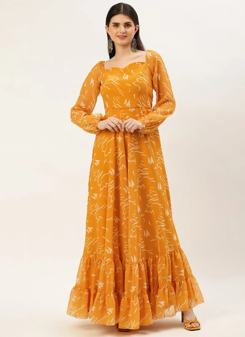 Mustard Digital Print Georgette Maxi Dress After Six Wear 5 Mustard Digital Print Georgette Maxi Dress After Six Wear - Image 3