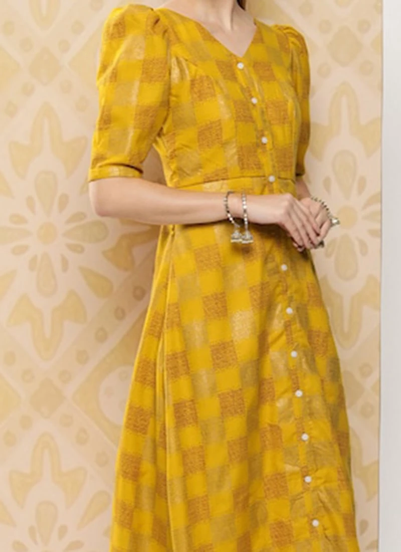 Mustard Rayon Printed A-Line Dress After Six Wear 3 Mustard Rayon Printed A-Line Dress After Six Wear