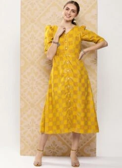 Mustard Rayon Printed A-Line Dress After Six Wear 12 Mustard Rayon Printed A-Line Dress After Six Wear -Sari Grace Shop Mustard Rayon Printed A Line Dress DRBS02302195 u