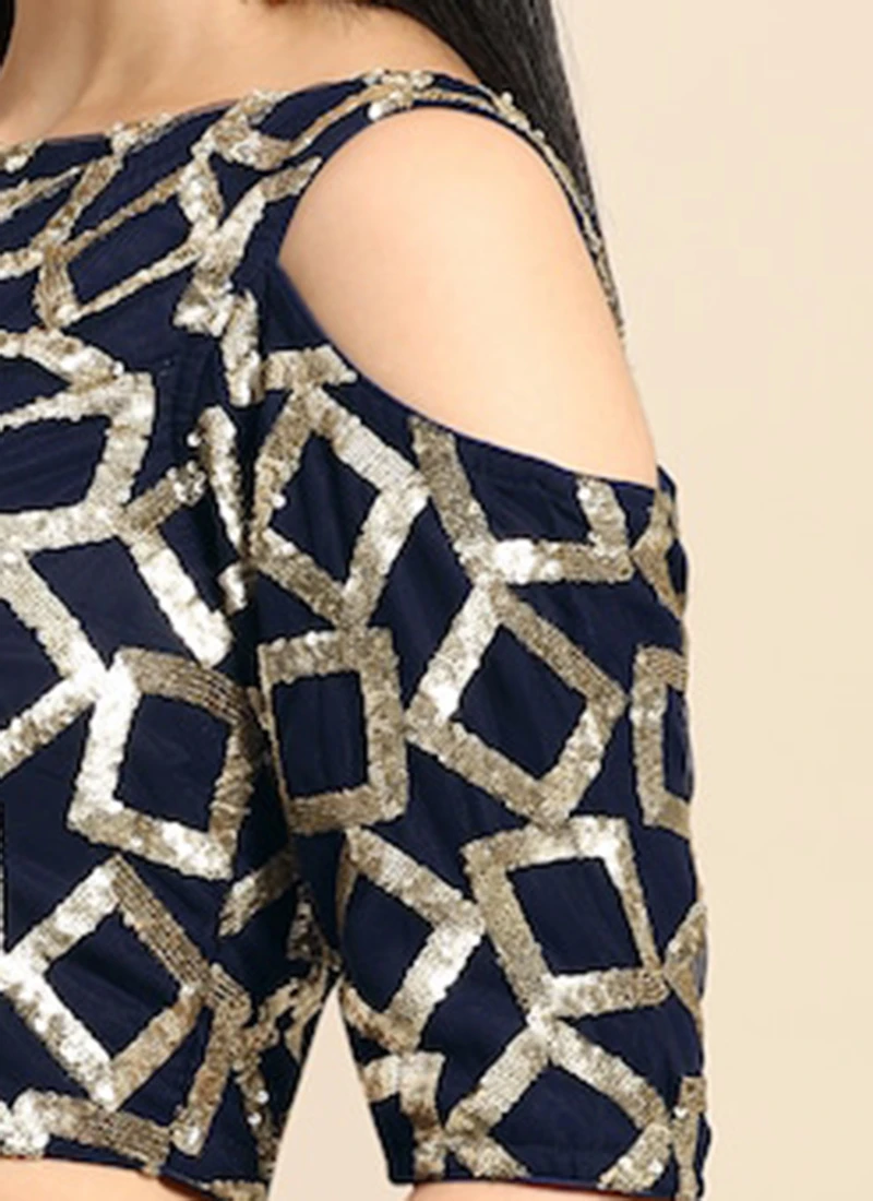 Navy Blue Sequins Net Cold Shoulder Blouse Festive Wear 9 Navy Blue Sequins Net Cold Shoulder Blouse Festive Wear - Image 7