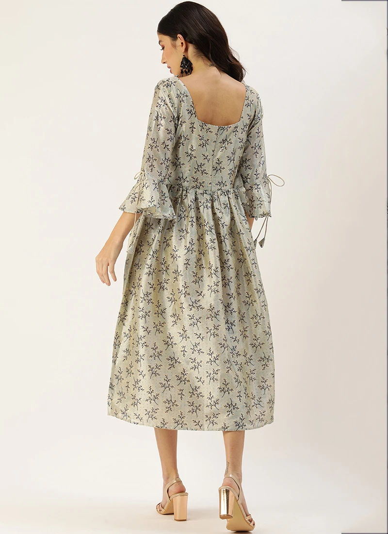 Off White Art Silk Gathered Flare Dress Festive Wear 6 Off White Art Silk Gathered Flare Dress Festive Wear - Image 4