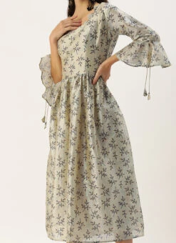 Off White Art Silk Gathered Flare Dress Festive Wear