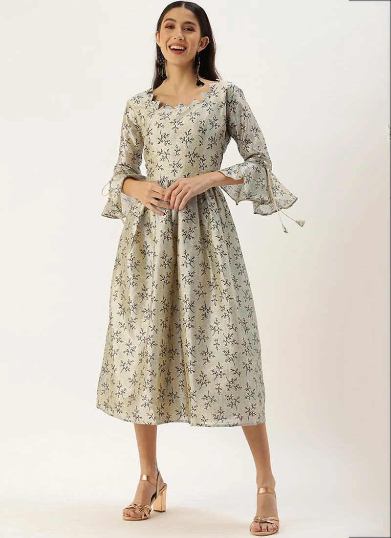 Off White Art Silk Gathered Flare Dress Festive Wear 5 Off White Art Silk Gathered Flare Dress Festive Wear - Image 3