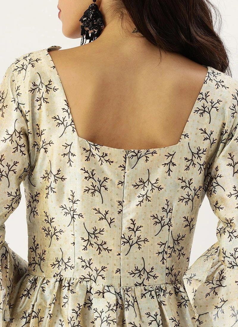 Off White Art Silk Gathered Flare Dress Festive Wear 8 Off White Art Silk Gathered Flare Dress Festive Wear - Image 6